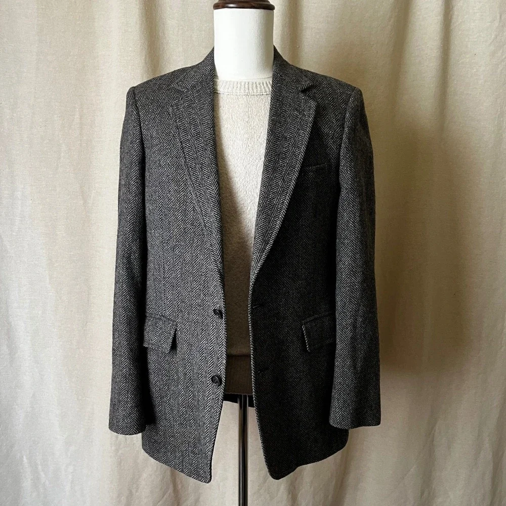 Herringbone Tweed Blazer‎ Mens 38R Gray Wool USA Vintage Sport Coat